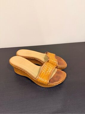 Stuart Weitzman Woven Slide Wedge Sandals in Cognac Brown